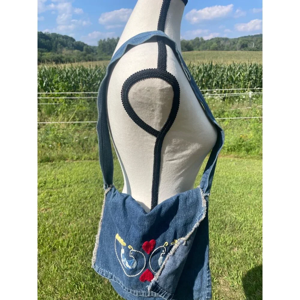 Vintage Handmade Denim Shoulder Bag With Heart & Bird Embroidery - Picture 2 of 4
